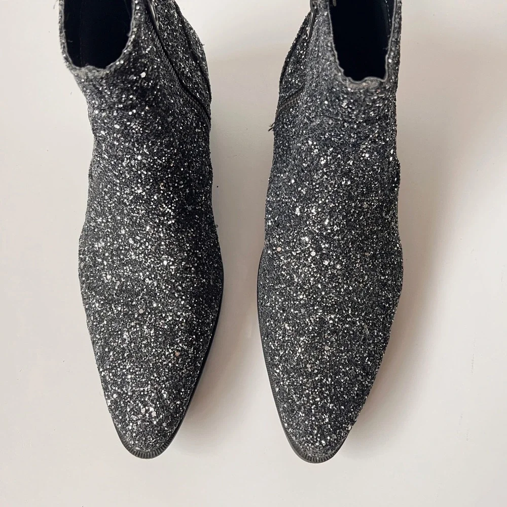 Glitter Chelsea Ankle Boots Sparkly Pointed Toe Rocker Glam Black Silver 9 Women
